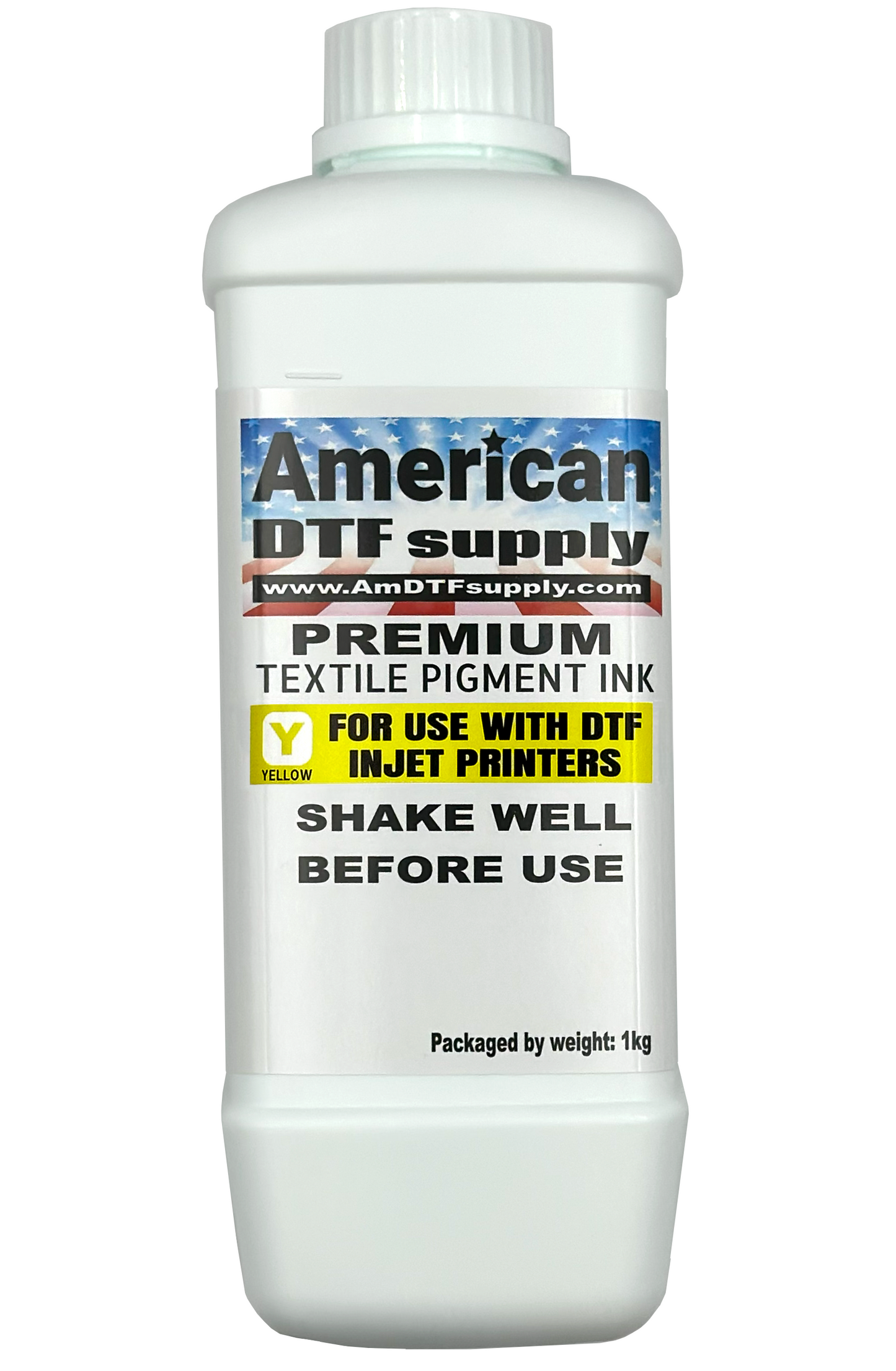 Bright yellow DTF ink from American DTF Supply, shown in a container with vibrant color for direct-to-film printing.