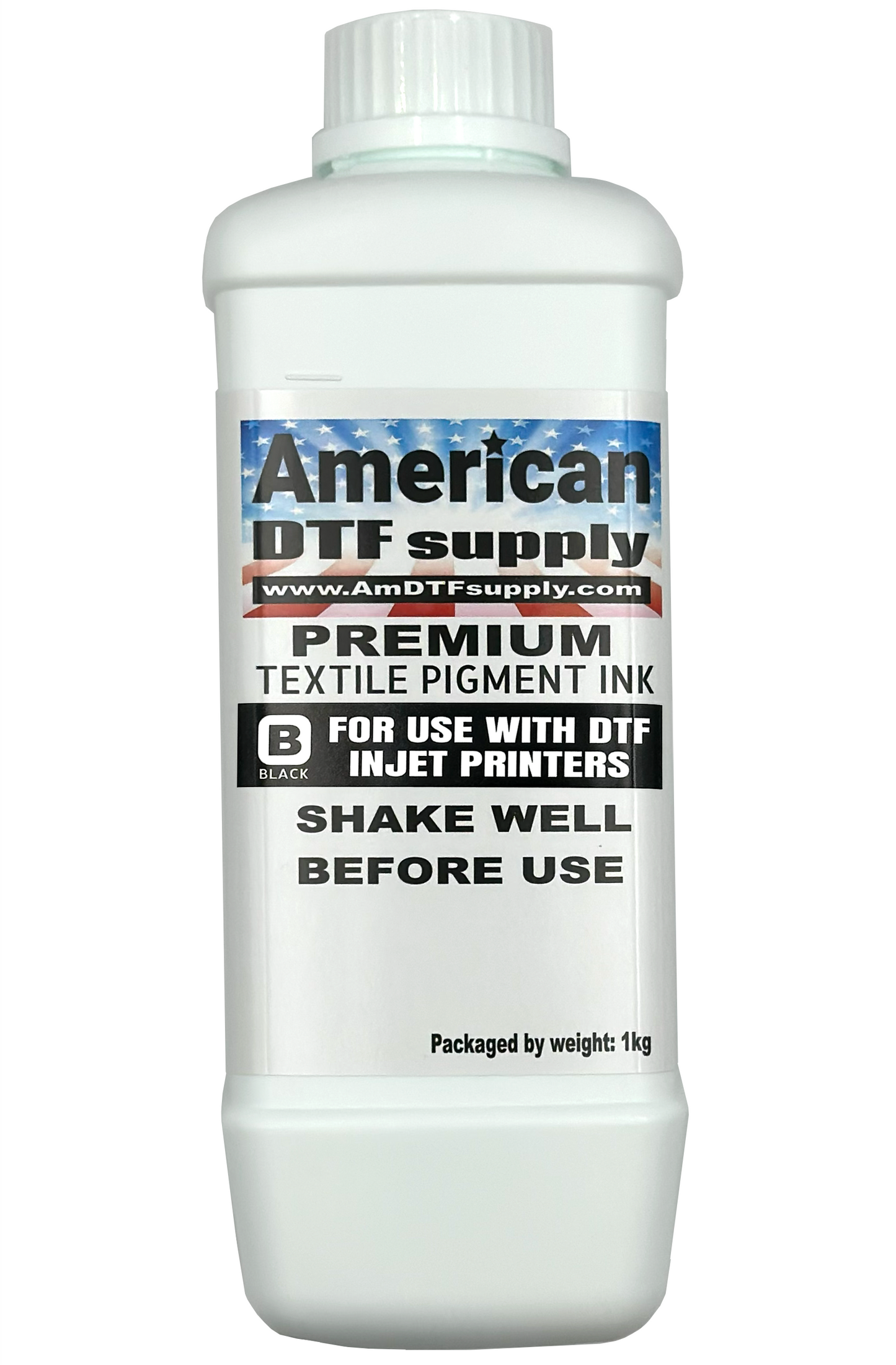 Black DTF ink from American DTF Supply for durable, vibrant transfers on textiles.