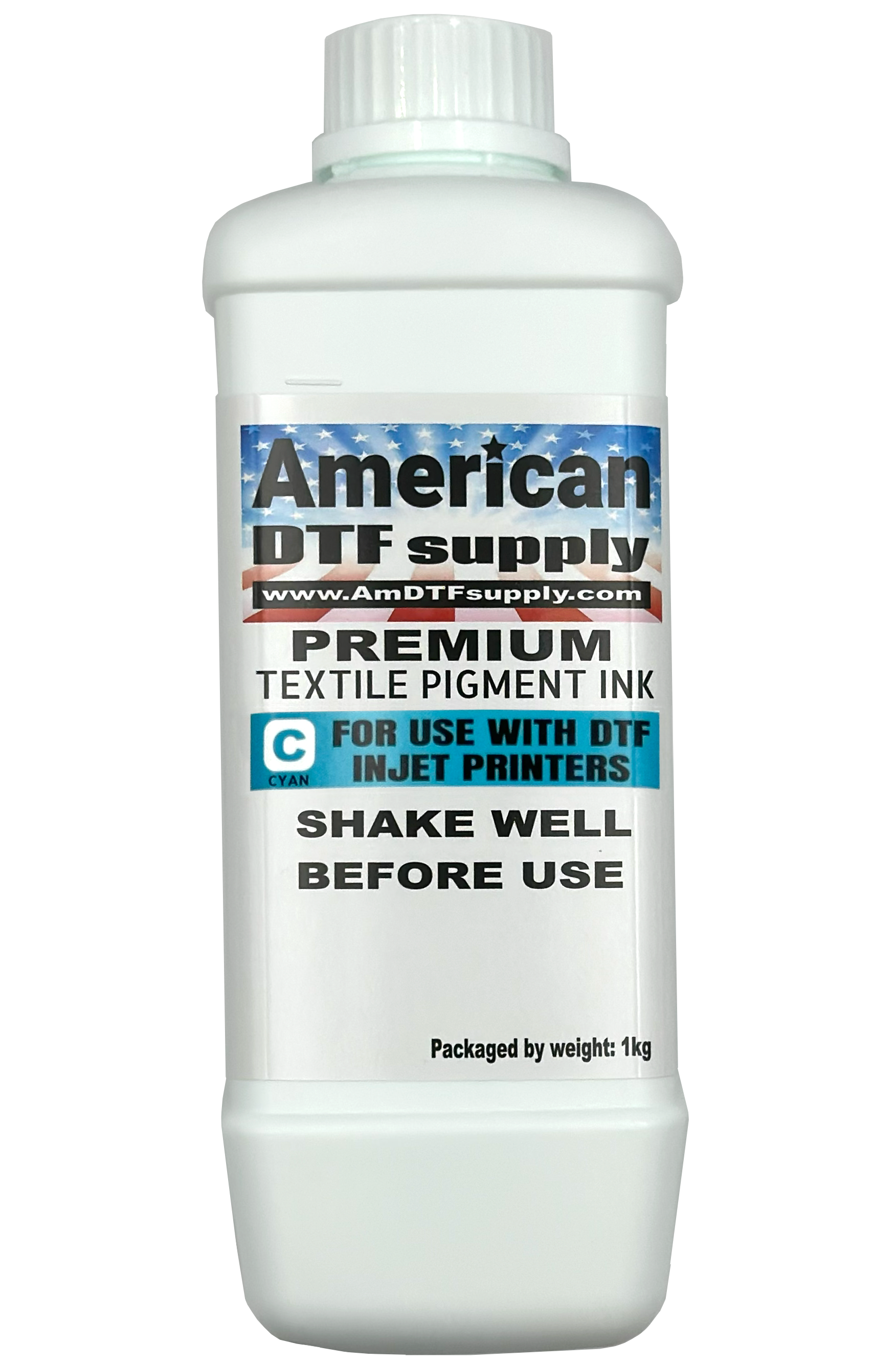Cyan DTF ink bottle from American DTF Supply, showcasing vibrant blue ink for digital transfer printing.