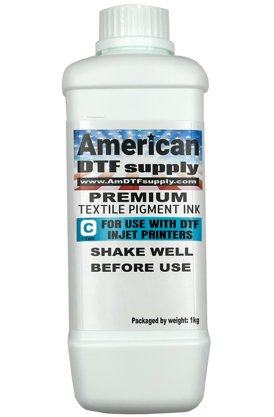 Cyan DTF ink bottle from American DTF Supply, showcasing vibrant blue ink for digital transfer printing.
