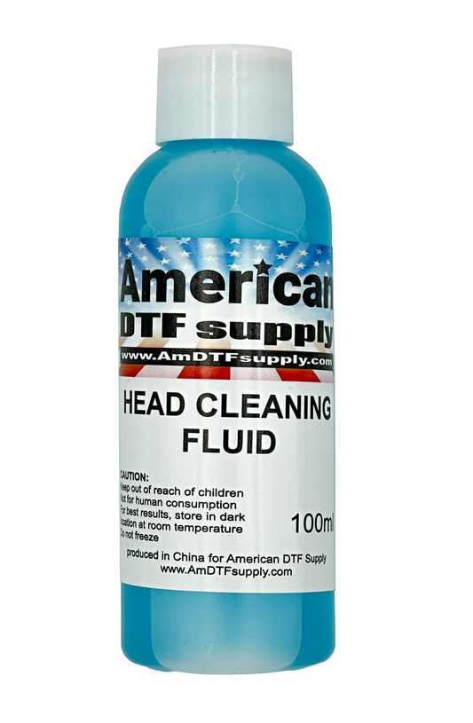 American DTF Supply head cleaning solution for DTF printers, bottle of liquid cleaning solution with label and nozzle applicator.