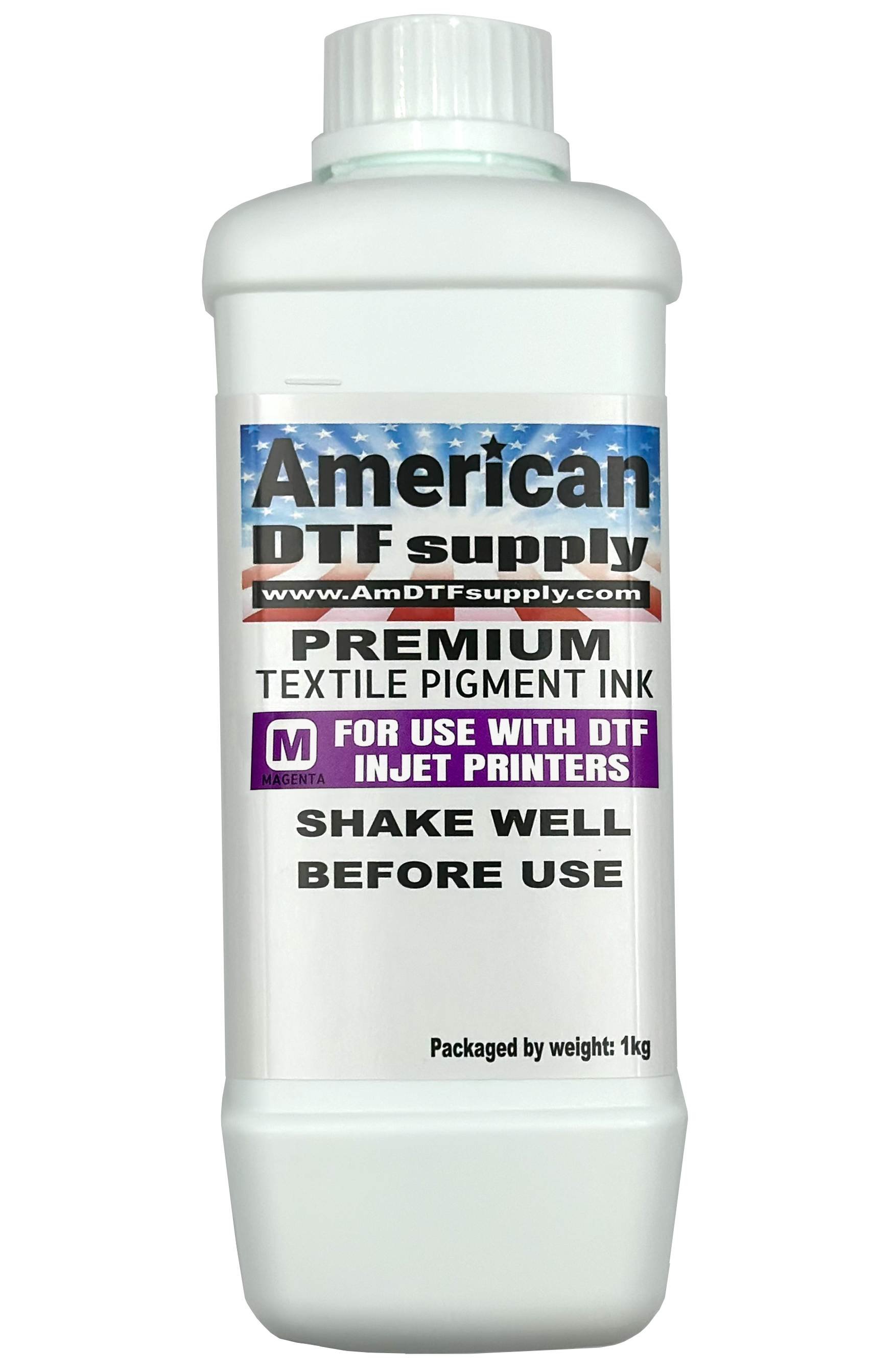 Magenta DTF ink bottle from American DTF Supply, showing the vibrant ink inside a clear container.