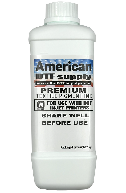 White DTF ink from American DTF Supply shown in the image, ideal for direct-to-film printing applications.